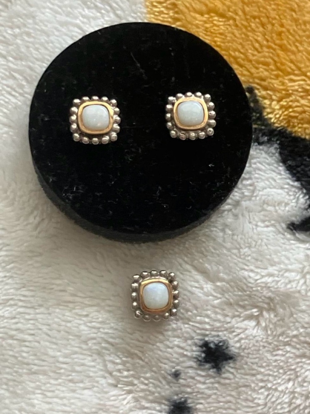 Gold-Trim White Cabochon Stud Earrings with Beaded Border